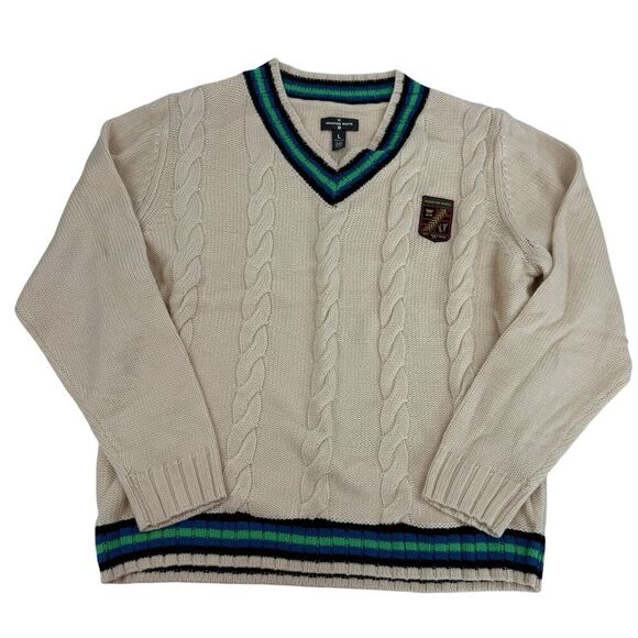 Houston White TARGET Cream Blue Cable Knit L/S V-Neck Pullover Sweater Size L - Picture 1 of 10